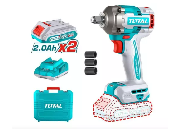 PISTOLA IMPACTO INALAMBRICA 1/2 20V 400NM INCLUYE 2 BATERIAS 1 CARGADOR Y 3 COPAS 17,19,21 MM INDUSTRIAL TOTAL UTIWLI2040