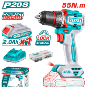 TALADRO ATORNILLADOR INALAMBRICO 1/2 20V 55NM INCLUYE 1 BATERIA DE 2.0AH, CARGADOR,47 ACCESORIOS TOTAL UTDLI205582