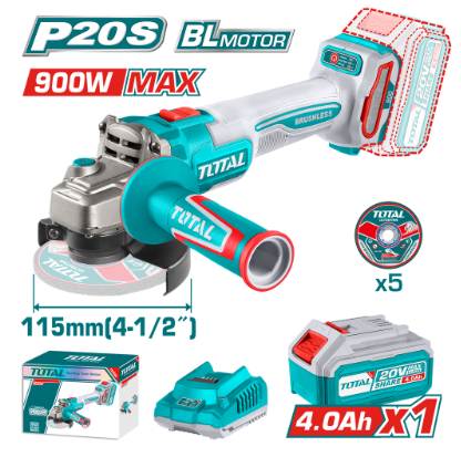 PULIDORA INALAMBRICA 4-1/2 20V 900W INCLUYE BATERÍA 4.0 AH, CARGADOR Y 5 DISCOS, MOTOR SIN ESCOBILLAS TOTAL UTAGLI261521