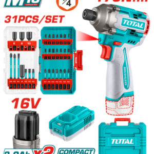 ATORNILLADOR DE IMPACTO INALAMBRICO 1/4 170NM 16V + 31 ACCESORIOS INCLUYE 2 BATERIAS (2.0AH) Y CARGADOR INDUSTRIAL TOTAL UTOSLI241083
