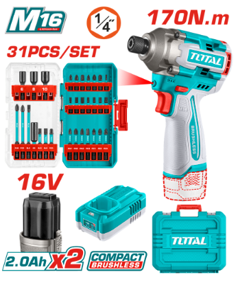 ATORNILLADOR DE IMPACTO INALAMBRICO 1/4 170NM 16V + 31 ACCESORIOS INCLUYE 2 BATERIAS (2.0AH) Y CARGADOR INDUSTRIAL TOTAL UTOSLI241083