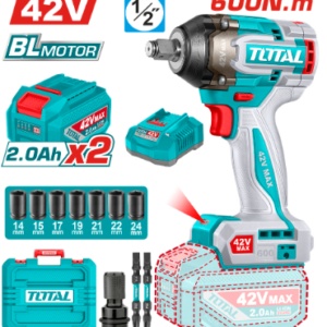 PISTOLA DE IMPACTO INALAMBRICA 1/2 42V 600NM INCLUYE 2 BATERIAS 1 CARGADOR COPAS , PUNTA DESTORNILLADOR Y ADAPTADOR INDUSTRIAL TOTAL UTIWLI42602