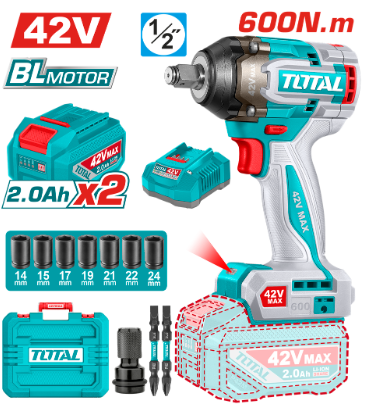 PISTOLA DE IMPACTO INALAMBRICA 1/2 42V 600NM INCLUYE 2 BATERIAS 1 CARGADOR COPAS , PUNTA DESTORNILLADOR Y ADAPTADOR INDUSTRIAL TOTAL UTIWLI42602