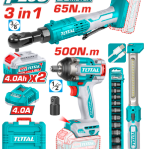 COMBO INALAMBRICO 20V PISTOLA DE IMPACTO 1/2 500NM + RATCHET 65NM + LÁMPARA 300 LUMENES + 2 BATERÍAS 4.0AH Y CARGADOR INCLUYE ACCESORIOS INDUSTRIAL TOTAL UTOSLI250981