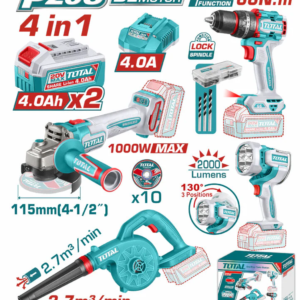 COMBO INALAMBRICO 20V TALADRO PERCUTOR 1/2 66NM + SOPLADORA + PULIDORA 4 1/2 1000W + LÁMPARA DE TRABAJO 2000LUMENES + 2 BATERÍAS 4.0AH TOTAL UTOSLI250993
