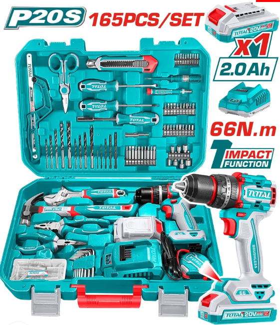 TALADRO INALAMBRICO 1/2 20V 66NM + BATERIA 20V + KIT DE HERRAMIENTAS 165 PZ TOTAL UTHKTHP11652