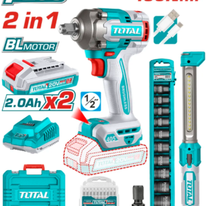 PISTOLA DE IMPACTO INALÁMBRICA 1/2″ 20V 405NM + 2 BATERÍAS + CARGADOR + COPAS + LAMPARA TOTAL UTOSLI23056