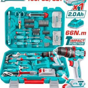 TALADRO PERCUTOR INALAMBRICO 1/2" 20V 66NM + 1 BATERIA 2.0AH + CARGADOR + 166PZ HERRAMIENTAS INDUSTRIAL TOTAL UTHKTHP41667