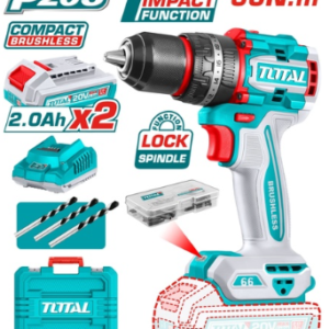 TALADRO PERCUTOR INALÁMBRICO 1/2" 20V 66NM 2 BATERIAS 20V, 1 CARGADOR Y ACCESORIOS INDUSTRIAL TOTAL UTIDLI20668