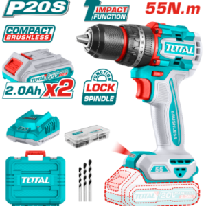 TALADRO PERCUTOR INALÁMBRICO 1/2" 20V 55NM 2 BATERIAS 20V, 1 CARGADOR Y ACCESORIOS INDUSTRIAL TOTAL UTIDLI20558