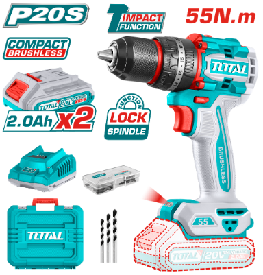 TALADRO PERCUTOR INALÁMBRICO 1/2" 20V 55NM 2 BATERIAS 20V, 1 CARGADOR Y ACCESORIOS INDUSTRIAL TOTAL UTIDLI20558