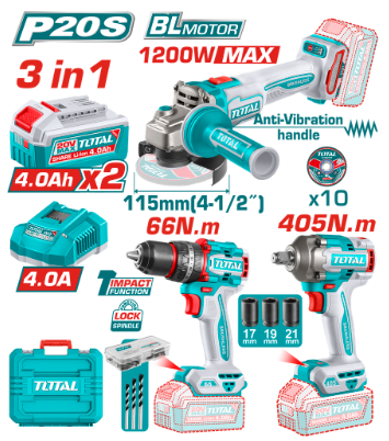 COMBO INALAMBRICO 20V PISTOLA IMPACTO 1/2" 405NM+TALADRO PERCUTOR 1/2" 66NM+PULIDORA 4 1/2" 1200W INDUSTRIAL TOTAL UTCKLI20358