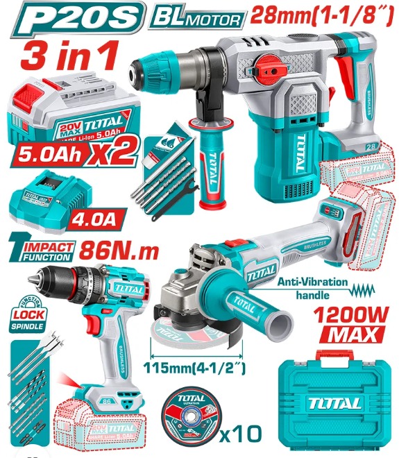 COMBO INALAMBRICO 20V ROTOMARTILLO 4.5J+PULIDORA 1200W+TALADRO PERCUTOR 1/2 86NM TOTAL UTOSLI251195
