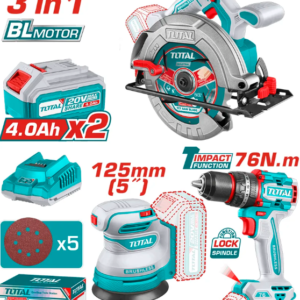 COMBO TALADRO INALÁMBRICO PERCUTOR 1/2 76NM+SIERRA 7.1/4″+LIJADORA ROTO ORBITAL+2 BATERÍAS 4AH TOTAL UTOSLI250181
