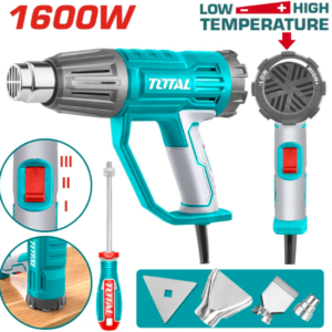 PISTOLA DE CALOR CON TEMPERATURA AJUSTABLE 1600W INCLUYE 3 BOQUILLAS Y 1 RASCADOR INDUSTRIAL TOTAL UTB16045