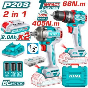 COMBO INALÁMBRICO 20V TALADRO 1/2" 66N.M + PISTOLA IMPACTO 1/2" 405 N.M 2 BATERÍAS 2.0AH TOTAL UTCKLI20286