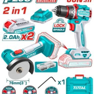 COMBO INALAMBRICO 20V TALADRO 1/2 66 N.M + MINI PULIDORA 3" INCLUYE 2 BATERIAS 2.0AH INDUSTRIAL TOTAL UTCKLI20766
