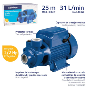 BOMBA PERIFERICA DE AGUA 1/2HP GRIVEN QB-60-VEN