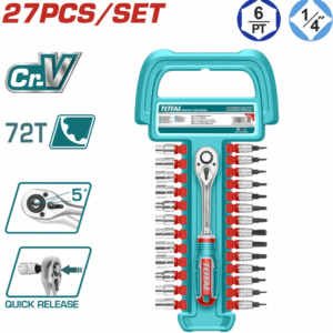JUEGO RATCHET 1/4 + COPAS Y PUNTAS 27PZ TOTAL THT141271