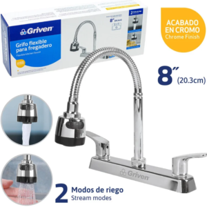 GRIFERIA P/LAVAPLATOS 8" CUELLO FLEXIBLE 2 TIPOS DE CHORRO PALANCA METALICO GRIVEN