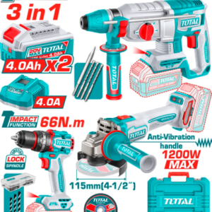 COMBO INALAMBRICO 20V TALADRO PERCUTOR 1/2 66NM + PULIDORA 1200W + ROTOMARTILLOS TOTAL UTCKLI202598