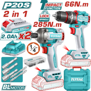 COMBO INALAMBRICO 20V TALADRO PERCUTOR 1/2 66NM+ATORNILLADOR DE IMPACTO 1/4 285NM TOTAL UTCKLI20277