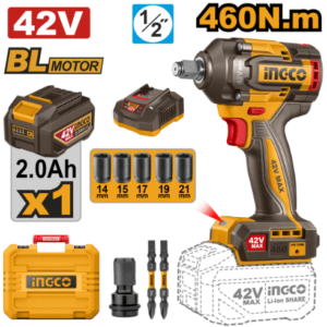 PISTOLA DE IMPACTO 1/2 42V 460NM 1800RPM BRUSHLESS INCLUYE 1 BATERIA Y CARGADOR INGCO UCIWLI42461