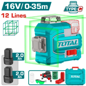 NIVEL LASER 0-35M LUZ VERDE 3D 12 LÍNEAS 16V INCLUYE 2 BATERIAS 2.0AH RECARGABLE TIPO USB-C INDUSTRIAL TOTAL TLL301205