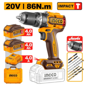 TALADRO PERCUTOR INALAMBRICO 1/2 20V 86NM 2 BATERÍAS 4AH Y CARGADOR INGCO UCIDLI208689