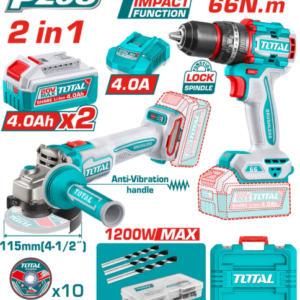 COMBO INALAMBRICO 20V PULIDORA 4-1/2 1200W+TALADRO PERCUTOR 1/2 66NM + 2 BATERIAS 4.0AH + CARGADOR TOTAL UTCKLI20256